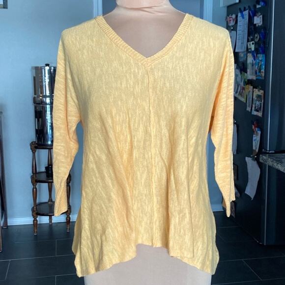 Eileen Fisher women’s tangerine peach linen blend shark bite 3/4 sleeve sweater - Picture 2 of 7